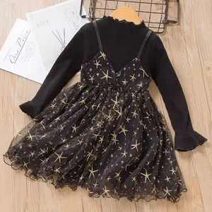 2019 Autumn Children Black Long-Sleeved Sweater Girls Stitching Stars Print Mesh Two Dresses