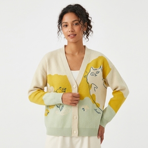 Fresh Color Block <strong>cat</strong> Knit <strong>Cardigan</strong> for Women Yellow Light Green V-neck Loose Casual Literary Style Button Sweater j - Product Image 1