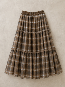Jupe midi élégante à carreaux marron à volants avec taille élastique pour un style quotidien - Product Image 2