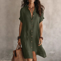 Robe décontractée pour femme à manches courtes boutonnée en lin et coton respirant, avec logo personnalisé, fabrication OEM/ODM, faible MOQ, idéale pour l'été