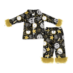 Conjuntos de pijamas de otoño para niñas pequeñas, pantalones con estampado de Halloween y botones, pantalones de manga larga con ribete de piel, ropa de descanso - Product Image 6