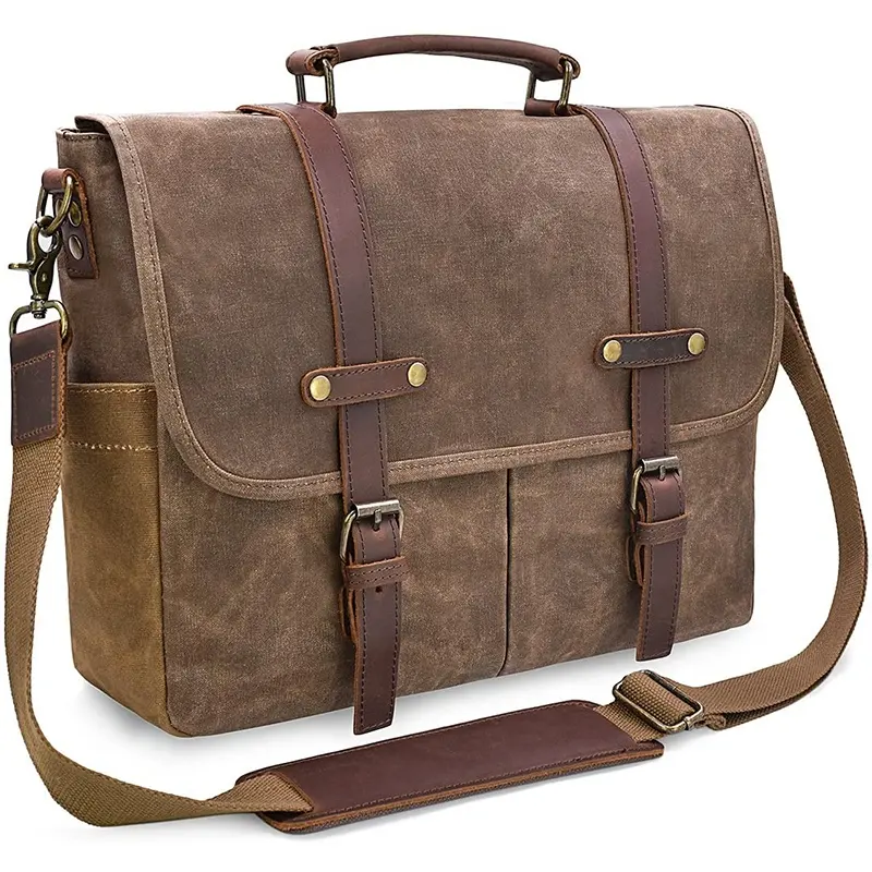 CHANGRONG Custom Durable Brown genuine leather trim men crossbody shoulder bag waxed canvas messenger bag