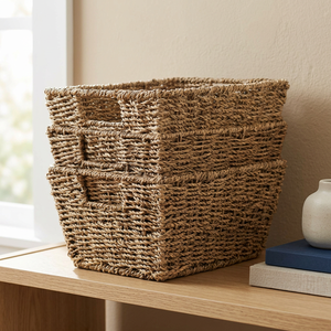 Handmade Seagrass <b>Woven</b> <b>Storage</b> <b>Basket</b> Rectangle 50x40x30cm Bohemian Style for Living Room Neatening - Product Image 2