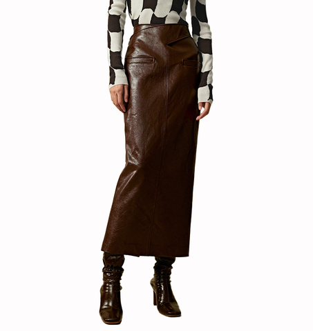 3119 New Arrival Women Ladies Straight Style Genuine Oil Wax Cowhide Long Brown Leather Skirt