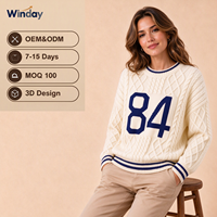 Pull en tricot personnalisé pour femme WINDAY, mélange de laine, col rond, motif intarsia lettre 84, style rétro sportif, campus, vintage, foires, tricot épais