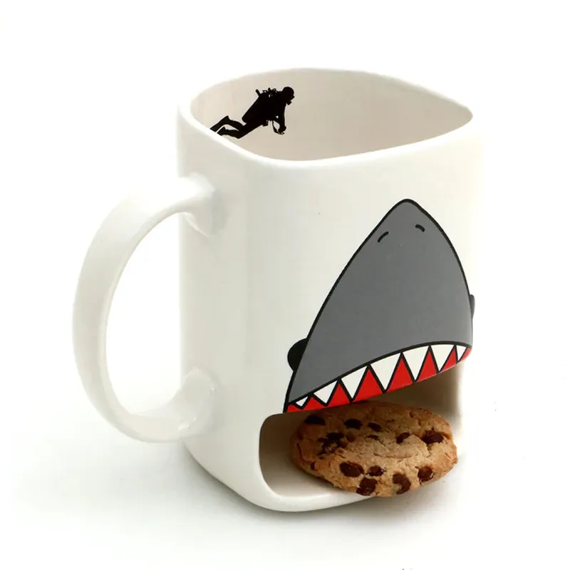 Copo de chá personalizado da semana do tubarão, com suporte de biscoitos, caneca de biscoitos de cerâmica dos desenhos animados do biscoito