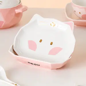 Placa de sobremesa personalizada de gato, placas de servir cerâmica de porcelana