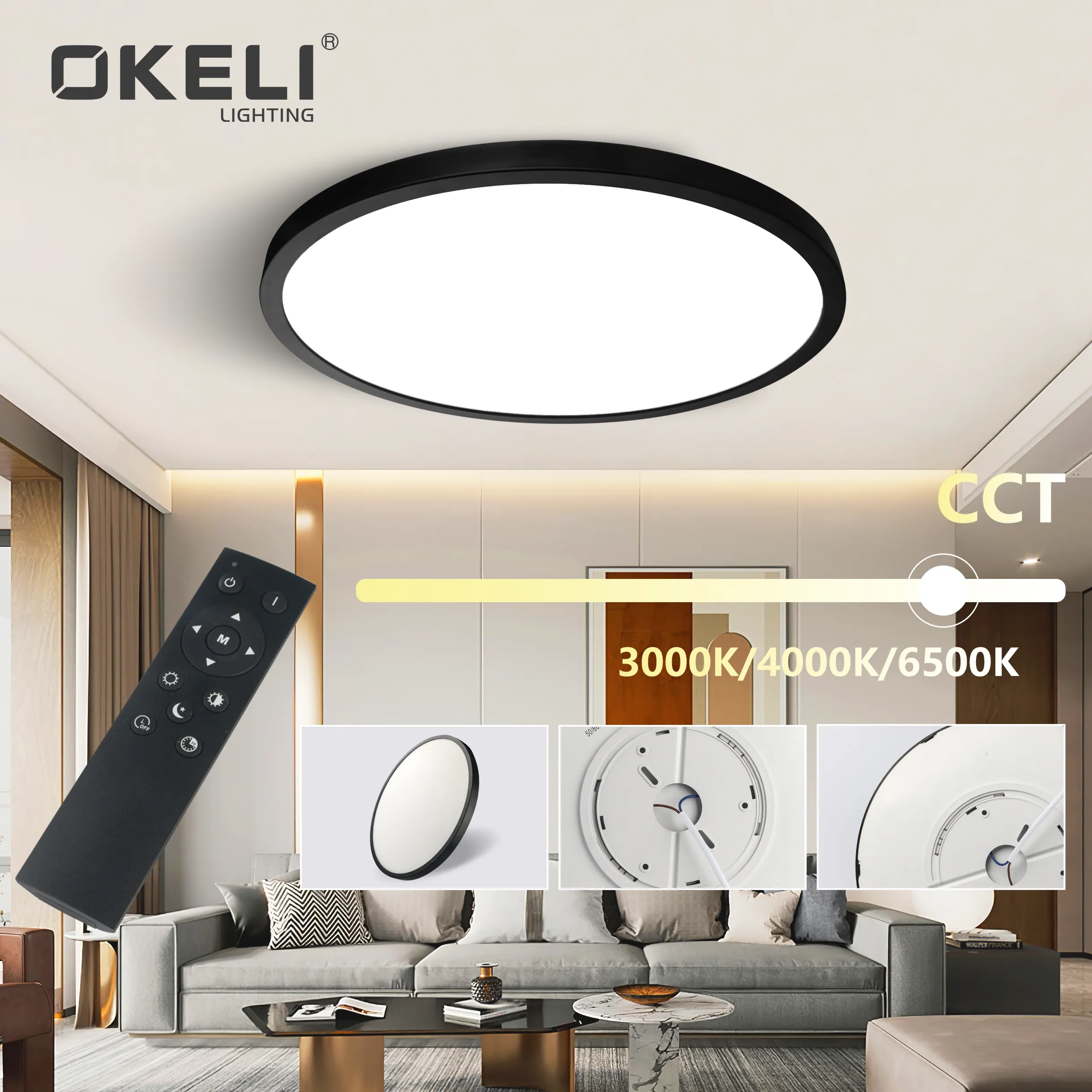 OKELI超薄型ホームオフィス屋内照明丸型表面実装モダンランプLEDシーリングライト