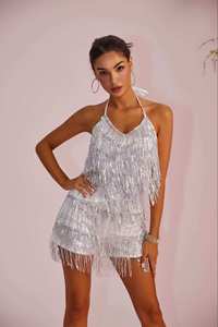 Nuevo <span class=keywords><strong>Mono</strong></span> Sexy de Verano Estilo Europeo Americano con Cuello Halter, Espalda Descubierta, Borlas y Color Liso para Discoteca - Product Image 6