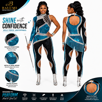 Tenue de majorette prête pour la scène - Combinaison métallique brillante bleu sarcelle et noir avec franges en strass, confortable et souple pour les équipes de danse