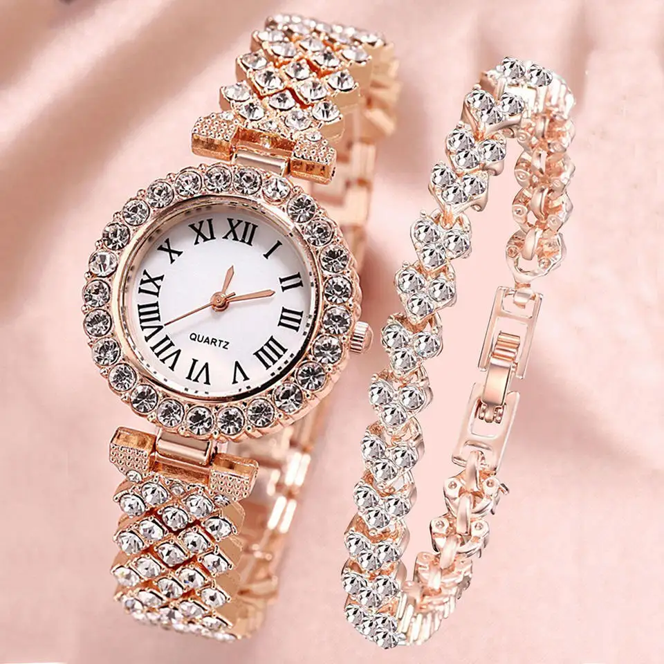 Fashion Simple Women Diamond Elegant Quartz Wristwatch Luxury Rose Gold Ladies Jewelry Gifts Box Bracelet Watch Set 