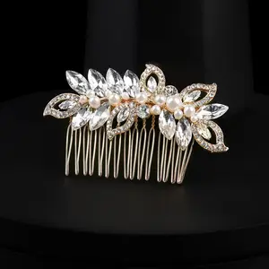 Gouden Legering Bloem Parel Haarspeld Custom Logo Luxe Strass Metalen Haarspelden Dames Diamant Bruids Bruiloft Haar Kam