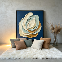 Lukisan Dinding 3D Motif Bunga Biru Dongker dengan Bingkai, Warna Sage Ivory Ochre, Dekorasi Abstrak Bunga untuk Resort, Suite, Galeri, Ruang Tamu