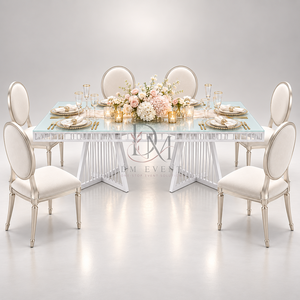 Mesa de Comedor Moderna de Acero Inoxidable Plateado con Cubierta de Vidrio Transparente y Base Doble Geométrica, Proveedor Mayorista para Banquetes y Eventos - Product Image 3