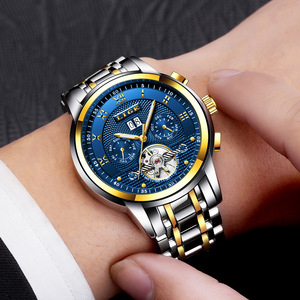 Reloj mecánico de lujo Lige Tourbillon para hombre, automático, con correa de acero inoxidable, esfera azul, 42mm, 30bar, resistente al agua, cierre plegable - Product Image 2