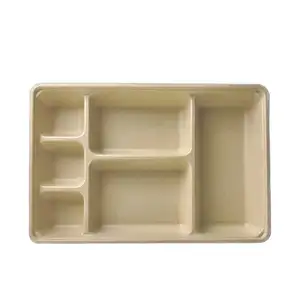 Bento Box Bamboo Bagasse Disposable Food 6 Compartment Cutlery Tray