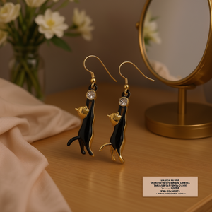 Boucles d'oreilles pendantes chat noir et or E3722 pour femme, en alliage, avec strass en cristal, bijoux fantaisie animaux de dessin animé - Product Image 2