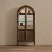 Armoire à bar en chêne à toit arqué, intérieur miroir avec éclairage LED, comptoir en marbre de Carrare, grand meuble à vin pour bar à domicile