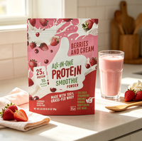 Poudre de Smoothie Protéiné Tout-en-un OEM ODM 180g Saveur Baies et Crème, 25g de Protéine de Lactosérum Issu de Vaches Nourries à l'Herbe avec 10g de Collagène