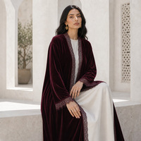 Abaya en velours et dentelle pour femmes, manches longues, coupe ample, cardigan musulman, kimono, tenue quotidienne, hiver, vêtements islamiques modestes