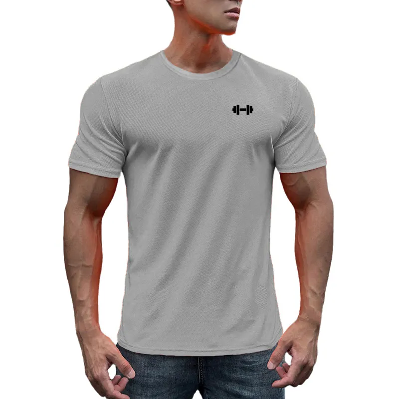 T-shirt lengan pendek bermotif untuk pria, kaos olahraga Gym lari bersirkulasi udara kerah bulat cepat kering jaring musim panas Logo kustom