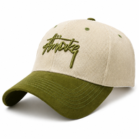 Casquette de baseball en velours côtelé bicolore crème et vert olive brodée six panneaux réglable unisexe en gros