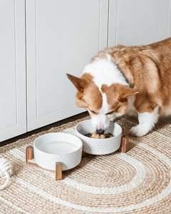 Dupla 3-Cup Tigelas de cerâmica para cães pequenos médios Bonito Design elevado Acácia Wood Stand Non-Slip Anti-Tip Food Water <span class=keywords><strong>Bowl</strong></span> Set - Product Image 1