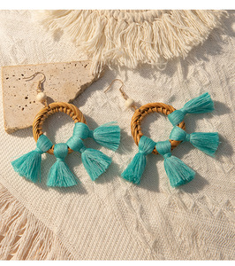 Woven Earrings Rattan Woven <b>Raffia</b> Colored Tassel Pendant Earrings for Women Uionen 1030 - Product Image 5
