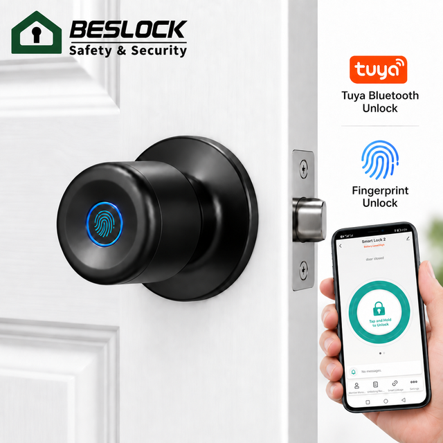 Smart Fingerprint Door Knob Tuya  App Control Stainless Steel Keyless Entry Round Interior Wooden Door Lock