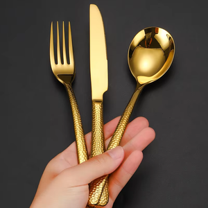 Luxury Golden Wedding Silverware Stainless Steel Cutlery Hammer <b>Flatware</b> <b>Set</b> - Product Image 5