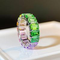 Bague empilable en argent S925 pour femme, zircone cubique 5A taille émeraude, couleur arc-en-ciel, vente en gros transfrontalière