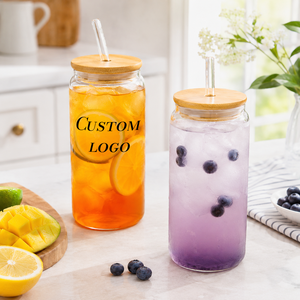 Hot Selling 12 oz 16 oz Borosilicate Glass Pint Tumbler with <b>Bamboo</b> <b>Straw</b> & Lid BPA Free Microwave Safe Thickened Wall - Product Image 1