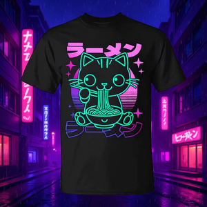 เสื้อยืดลายแมวเนโกะอะนิเมะน่ารัก ลายราเมน สีดำ ดีไซน์นีออน สำหรับผู้ใหญ่ คอกลม แขนสั้น พิมพ์ลายดิจิตอล - Product Image 2