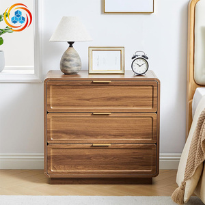 Contemporary 3-Drawer Wood Nightstand, Multiple Finishes Available, <b>Rounded</b> Corner <b>Bedside</b> <b>Table</b> with Gold Handles for Bedroom - Product Image 1