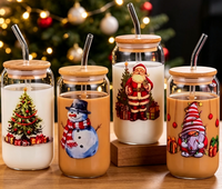 Gobelet en verre motif Noël avec couvercle en bambou et paille, en verre borosilicate transparent, pour soda, café glacé et jus