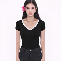 T-shirt d'été Aottori pour femme, col en V, tricoté, respirant, uni, à manches courtes, côtelé, coupe ajustée, extensible, décontracté, noir, taille L