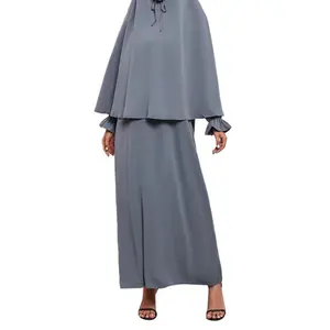 Rentable color sólido elegante de dos piezas Malasia lond vestido falda musulmana vestido modesto para mujeres Arabia túnica abaya