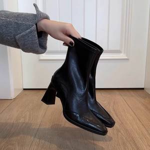 Botas de tacón alto de cuero genuino con tacón de bloque, punta cuadrada, estilo retro, elásticas y ajustadas para mujer, con cremallera trasera. - Product Image 5