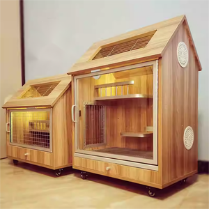 บ้านแมวไม้ทรงบ้านพร้อมไฟ LED คอนโดแมวหลายชั้นพร้อมล้อเลื่อนและพื้นที่ให้อาหาร บ้านแมวไม้แบบกำหนดเองได้ - Product Image 1