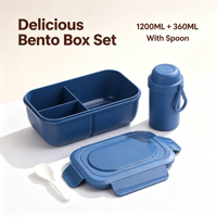 Boîte à lunch bento 3 compartiments 200 ml avec bouteille d'eau 360 ml et cuillère, en PP de qualité alimentaire, anti-fuite