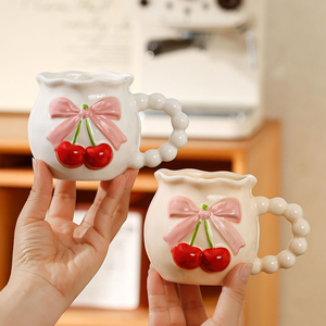 Taza de Cerámica para Té con Leche, Diseño de Cereza y Lazo, Linda Taza de Porcelana para Café o Agua con Asa en Forma de Perla - Product Image 1