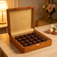 Boîte à chocolat en bois grainé avec couvercle ajouré jaune, doublure en cuir doré, logo personnalisé pour l'emballage cadeau de chocolats et dattes du Ramadan