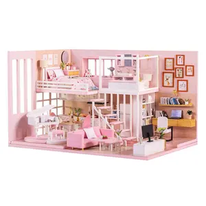 3D梦女孩心形粉色DIY生日礼物娃娃屋微型房子教育玩具节日礼物带发光二极管灯
