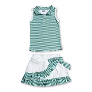 Conjunto de Falda con Volantes Blancos y Top Polo sin Mangas con Estampado de Rayas y Cuello Redondo para Niñas, Estilo Casual, Atuendo de Verano para Niños - Product Image 2