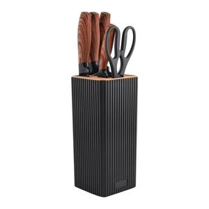 Ensemble de couteaux de cuisine en acier inoxydable à manche en bois grainé, 7 pièces, avec bloc à couteaux à rayures verticales noires - Product Image 3