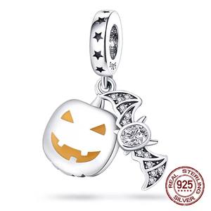 Pendentif en argent sterling 925, motif crâne, chauve-souris et citrouille, thème chrétien et Halloween, compatible avec les bracelets originaux Pandora et les perles breloques Dora - Product Image 5