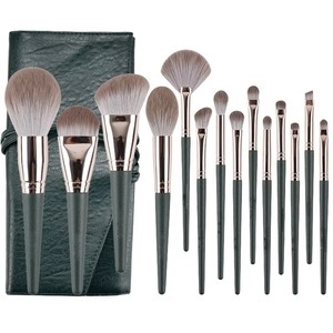 14Pcs Green Wood Handle Makeup Brush Set Synthetic Hair Face Beauty Tool with <b>Bag</b> - Product Image 3