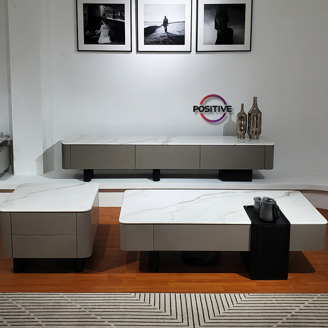 Living Room Set Sintered Stone Top Tv Stand and Coffee Table Console Set Solid MDF Body Modern Minimalist Design