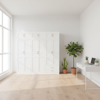 Armoire autoportante moderne en acier, 240 cm de large, blanc brillant, poignées dorées, tiroirs réglables, grande capacité, chambre à coucher