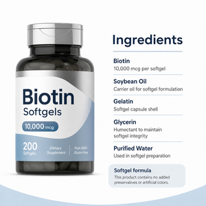 Capsule de biotine en gélule souple certifiée végane de qualité supérieure, complexe de kératine et d'acide hyaluronique à 99 % de pureté, personnalisable pour les cheveux et les ongles - Product Image 2